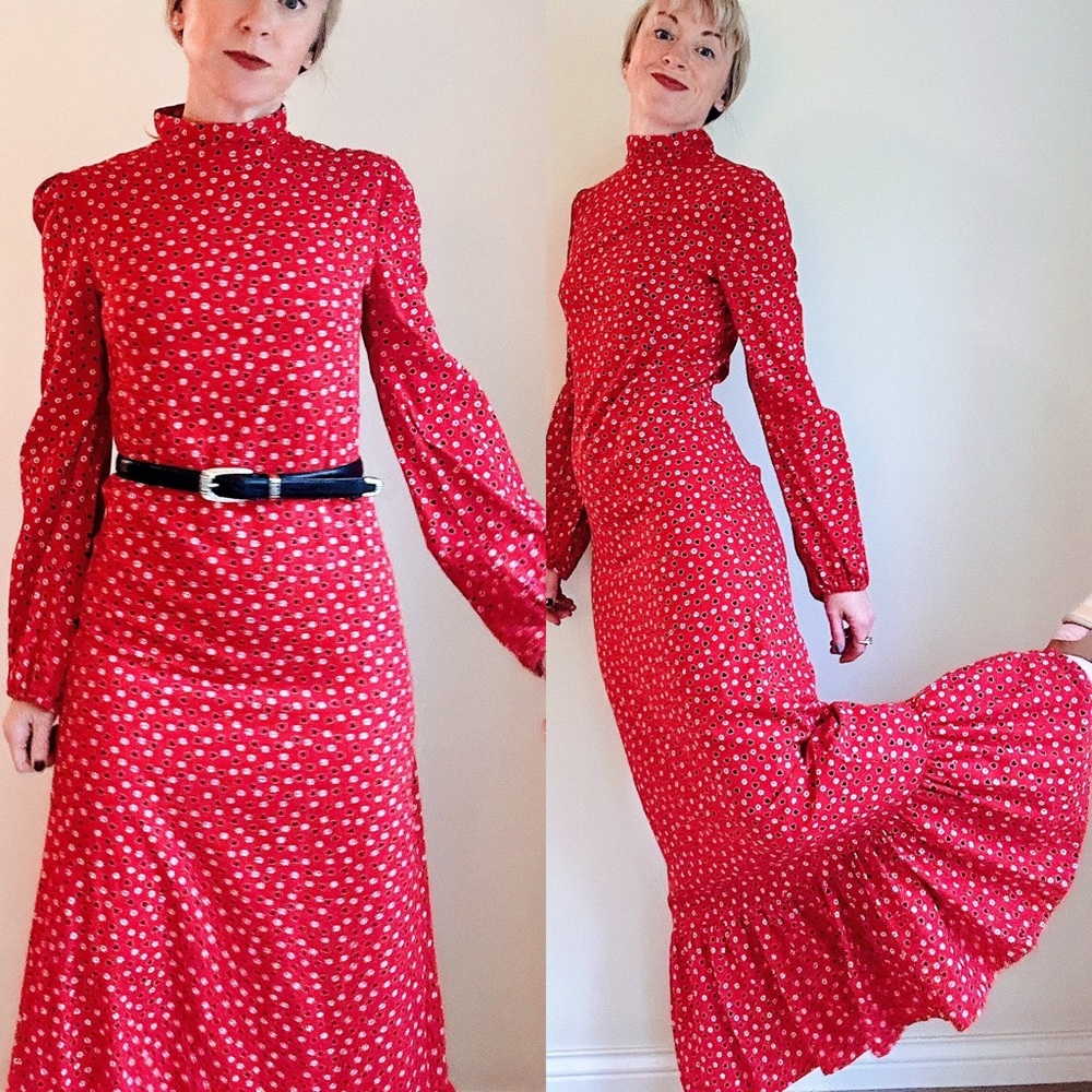 Red maxi prairie dress | handmade vintage ruffle party dress | XS small